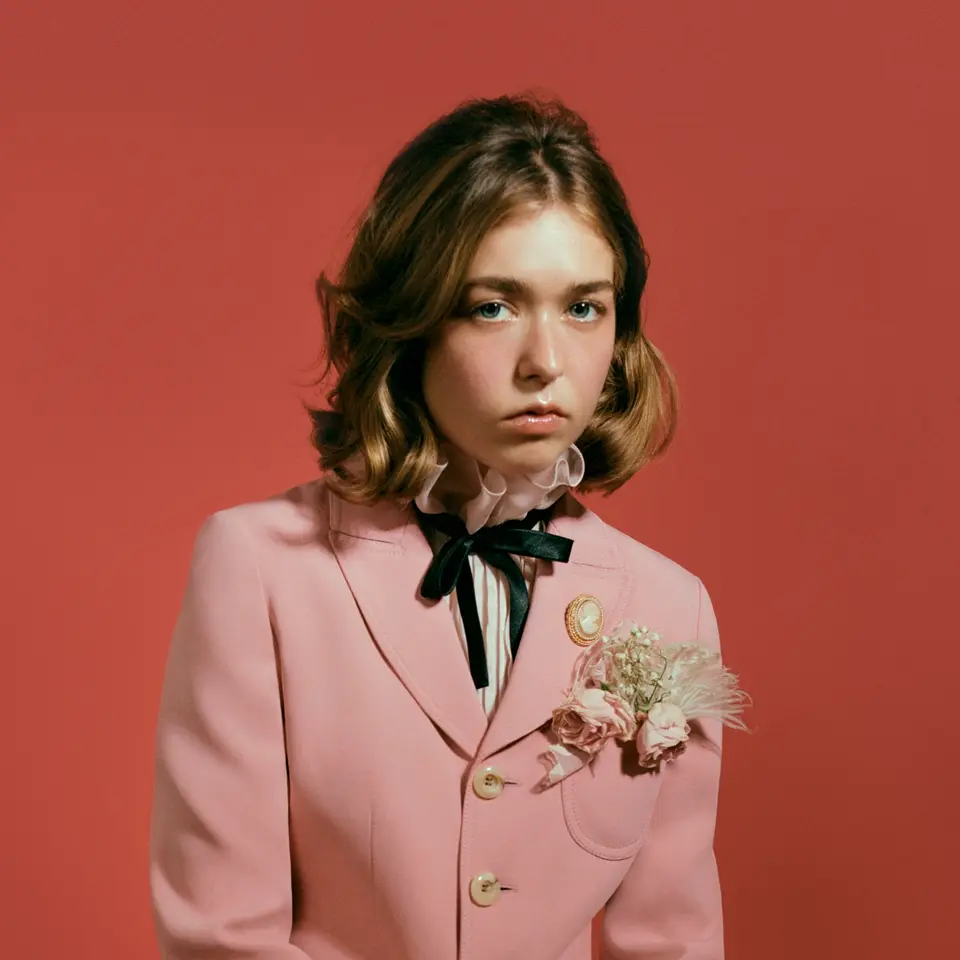 Lindsey Jordan center picture in a pink suit against a red background.